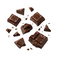 Delicious broken dark chocolate pieces, rich cocoa texture perfect for dessert, food, and advertising design projects. Isolated on white or transparent background. PNG format.
