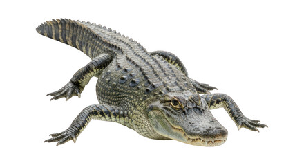 Fototapeta premium Striking alligator in full view, with detailed scales and fierce expression