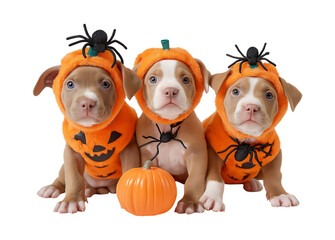 Fototapeta premium Triple the Treats: Cute Puppies in Pumpkin Costumes for Halloween isolated on a transparent background