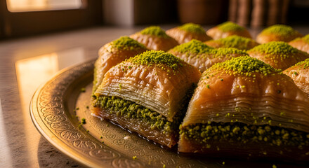 Fresh Baklava Pastries with Pistachios on Decorated Golden Plate for Dessert