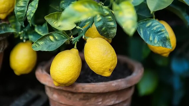 Yellow lemons ripen on a tree branch in a terra cotta pot.
