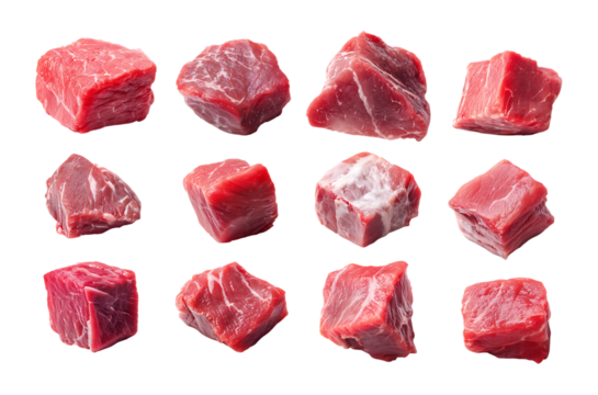 Fresh Diced Raw Beef Chunks Collection isolated on a transparent background