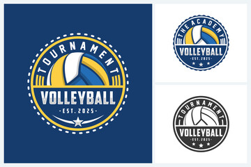 Volleyball logo badge design vector, volleyball team emblem logo design vector illustration template, volleyball tournament logo concepts with ball and stars