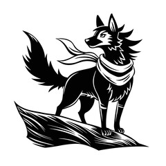 Stylized black wolf with scarf standing on a rock silhouette isolated on white background