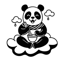 Cute cartoon panda eating noodles with chopsticks silhouette isolated on white background