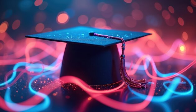 Graduation cap with glowing tassel stands on dark surface. Vibrant pink, blue light trails flow around. Bokeh lights add dynamic, modern, futuristic tech feel. Education achievement, success, bright