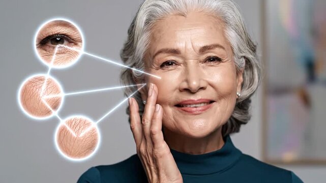 Mature Woman with Hand on Face Featuring Animated Eye and Skin Detail Graphic in Blue Turtleneck on Light Gray Background for Aging and Skincare Concepts 198 Characters