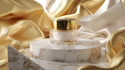 Luxurious cosmetic cream jar presented on a marble pedestal amidst flowing golden and white satin fabric, evoking elegance and premium skincare.