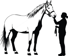 Horse and woman standing together in training pose, animal care, love and connection, black and white cad drawing flat vector illustration, equestrian bond, stable life, pet relationship