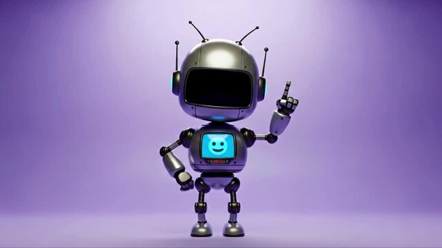 Cute robot with smiley face on screen, friendly droid raising finger, adorable artificial intelligence character, futuristic tech mascot, friendly machine concept, generative AI