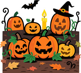 Cartoon Halloween Pumpkin Patch Vector Illustration, Jack-o-Lanterns, Witch Hat, Candle, Bat, Pumpkin Vines, and Autumn Leaves