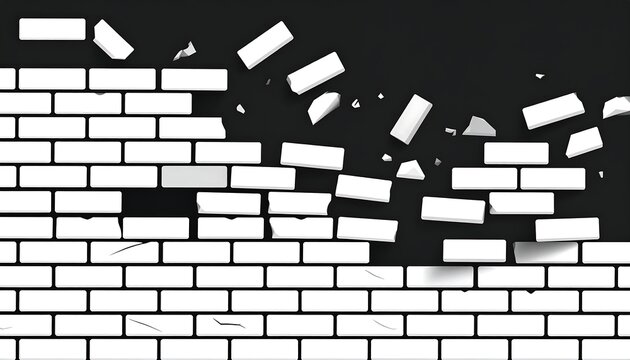 A white brick wall crumbles with some bricks falling away