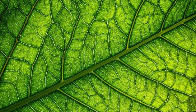 Close Up Macro View of a Vibrant Green Leaf Veins and Stomata Illuminated by Natural Backlight Showing Intricate Cellular Structure and Botanical Detail