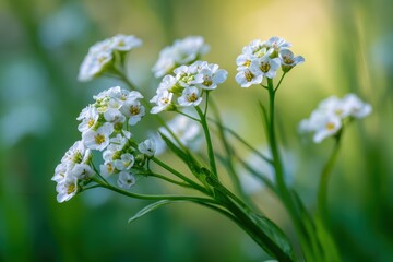 Delicate Closeup of Sweet Alyssum Blossoms Amidst Lush Greenery in a Spring Field