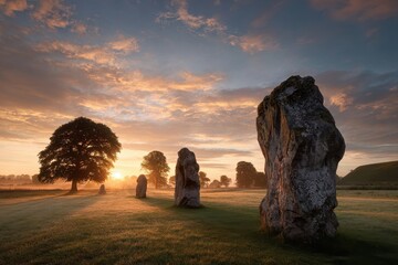 Ancient Avebury Stone Circle: A Neolithic Ring Against the Sunrise Sky in England