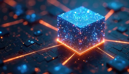 Glowing blue and orange cube with glowing digital particles on dark circuit board background. Abstract futuristic technology concept with light trails, data transfer, network connections.