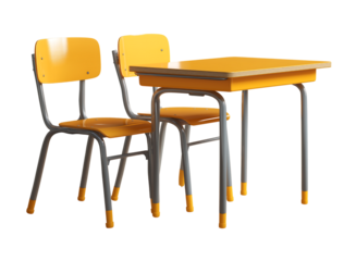Bright Yellow School Desk and Chairs isolated on a transparent background