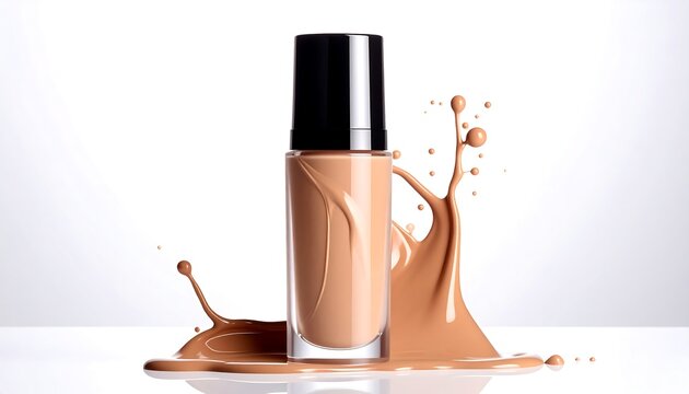 Bottle of liquid makeup with a brown splash against a white background
