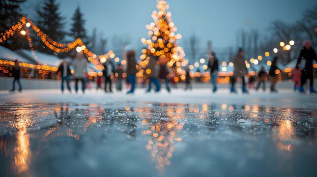 Crowds skate on an outdoor ice rink under festive lights and a glowing Christmas tree. Frosty reflections on the ice create a joyful, magical winter atmosphere. Holiday video , active leisure