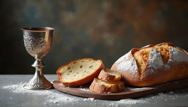 Close-up on silver chalice filled with red liquid next to rustic bread loaf on wooden board. Religious symbols for communion ceremony, holy sacrament celebration.
