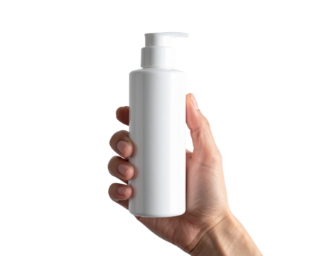 isolated hand holding a pump bottle
