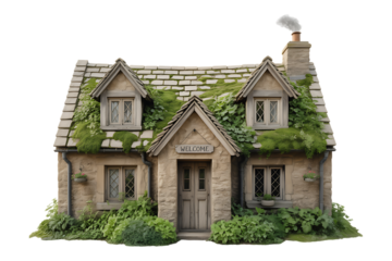 ancient Cottage house with moss and herb with transparent background 