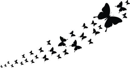 Butterfly swarm flying in diagonal formation, black silhouette insect pattern, freedom in motion, elegant nature vector, cad drawing flat vector illustration