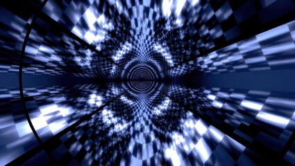 Abstract tunnel vision with geometric patterns and bright lights.