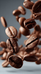 Falling roasted coffee beans in motion, close-up macro shot on neutral background