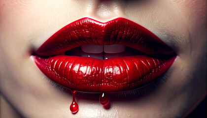 Obraz premium Crimson Lips: Captivating close-up of luscious, glossy red lips with a hint of dramatic flair, showcasing sensual beauty and allure.