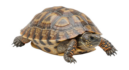 Fototapeta premium Terrestrial turtle close-up, textured shell, patterned limbs, on black backdrop
