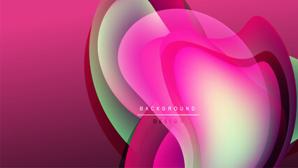 Abstract fluid shapes, vibrant pinks, greens blend into dark background. Modern design element, smooth gradients present.