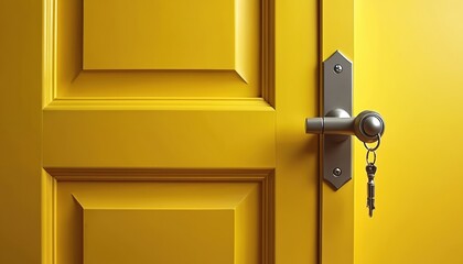 Vivid yellow door with keys hanging on handle. Stylish door with security lock and key access. Concept of new home apartment entry in bright color.