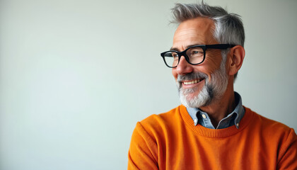 Obraz premium Middle aged man with gray beard smiles looking sideways. Older person wears glasses, orange sweater, denim shirt. He is isolated on bright background. Man looks cheerful and optimistic with joy.