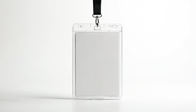 Clear plastic ID badge holder, blank white card insert. Black lanyard with metal clip secures transparent name tag. Essential office accessory for events, conferences, business, workplace security,