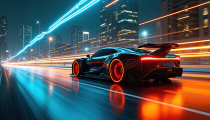 Fast futuristic car moves in night city. Sports automobile drives on road with neon lights. Modern vehicle speeds on highway in motion. Transport of future concept.