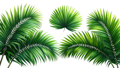 Fototapeta premium Lush green tropical fronds arranged, isolated on a stark black backdrop