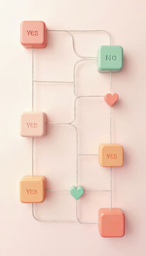 Colorful flowchart shows decision process. Abstract path of logic with yes no options. Pastel color scheme on pale backdrop presents minimalist choice chart with hearts, lines and boxes structure.