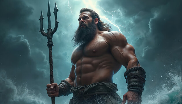 Muscular man with beard holds trident in stormy sea with lightning. Powerful god figure stands against dramatic sky with crashing waves. Epic mythological scene.
