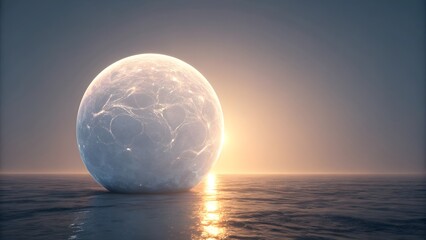 Glowing AI Energy Sphere Floating Above Still Water at Sunset