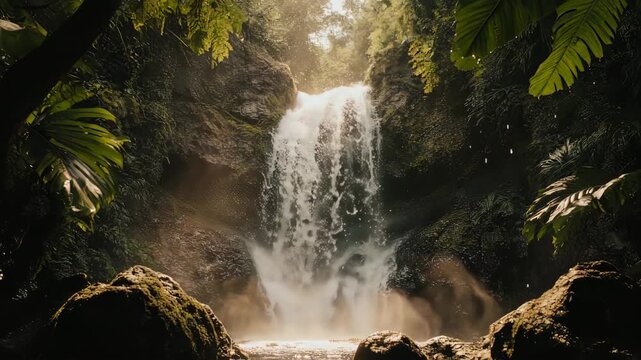 Waterfall cascading through lush green foliage, dappled sunlight illuminating the scene
