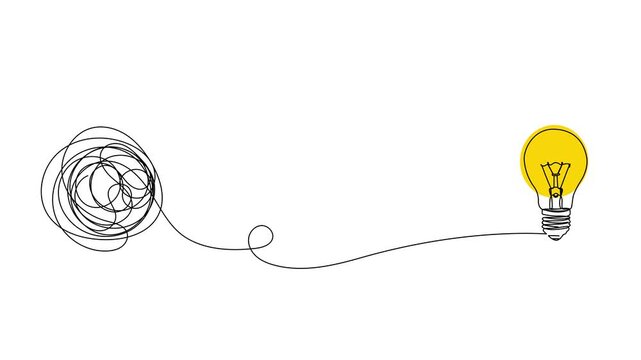 animated idea generation and collecting thoughts concept, brainstorming continuous single line drawing with complex entangled line unraveling to glowing light bulb, line art animation