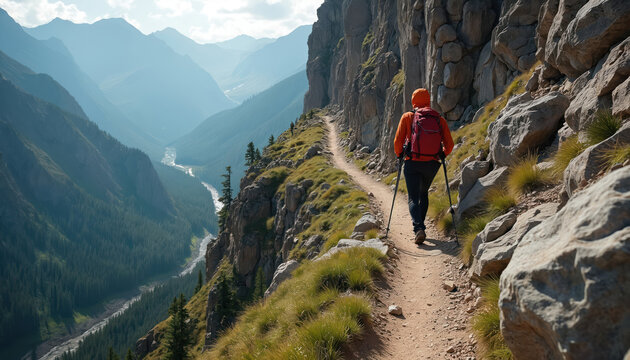 One hiker climbs narrow rocky mountain path with poles. Deep valley with river and forest visible below. Woman in orange jacket walks on high trail.