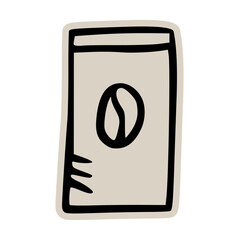 Coffee powder bag packaging doodle sticker icon: hand drawn illustration of roasted beans or ground coffee pouch for cafe and retail product design