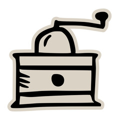 Manual hand coffee grinder doodle sticker icon: hand drawn illustration of barista equipment for fresh ground coffee and cafe design