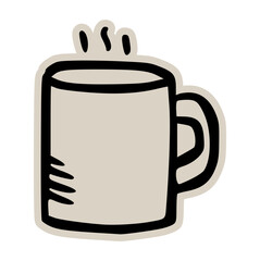 Steaming hot coffee mug doodle sticker icon: hand drawn illustration of ceramic tea cup or beverage for cozy cafe and breakfast design
