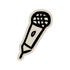 Handheld stage microphone doodle sticker icon: hand drawn illustration of portable mic for live performance, concert, and vocal sound design