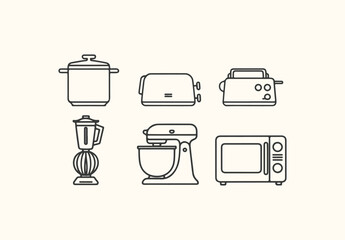 Vector art of collection of kitchen appliances icons including a pot, toaster, blender, mixer, and microwave, isolated on a light background
