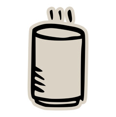 Hot beverage can doodle sticker icon: hand drawn illustration of steaming food or soup container for minimal kitchen and packaging design