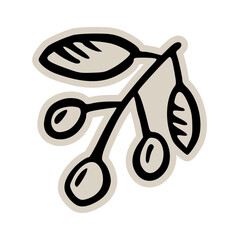Coffee cherries on branch doodle sticker icon: hand drawn illustration of raw coffee beans and leaves for farm, harvest, and fresh ingredient design
